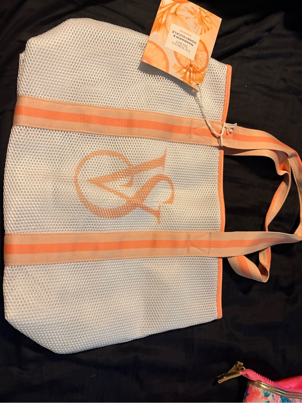 Victoria's Secret White Mesh Tote with Peach Straps and Logo
